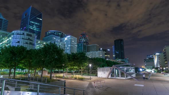 Paris Cityscape with Modern Buildings in Business District La Defense Timelapse Hyperlapse By Night