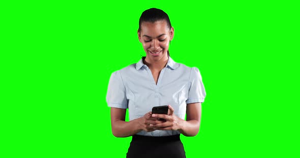 Animation of a mixed race woman in suit using a phone in a green background