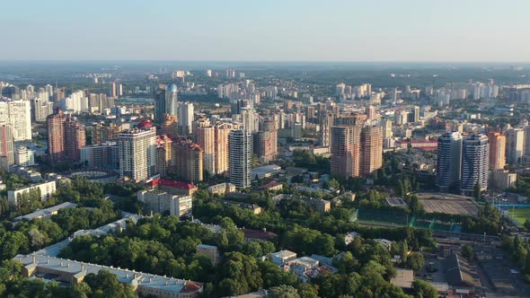 Aerial drone video of downtown apartment buildings in Solomyanskyi District of Kyiv Oblast Ukraine d