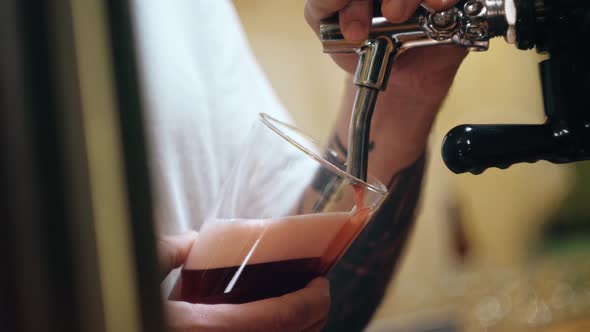 Barman Pouring Lambic Into Glass Closeup Foamy Cherry Beer