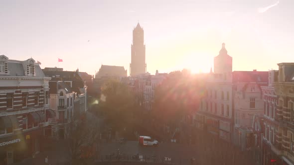 Aerial view panning up showing the historic centre of the city of Utrecht in The Netherlands with th