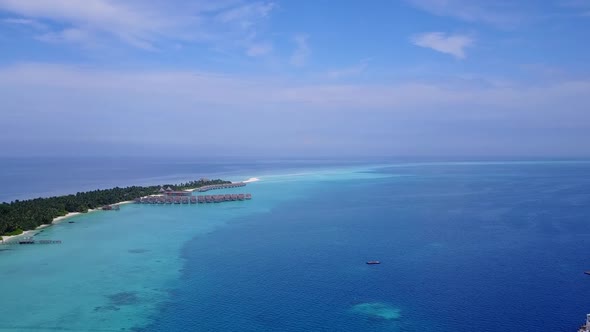 Aerial drone landscape of marine coastline beach time by clear lagoon and sand background