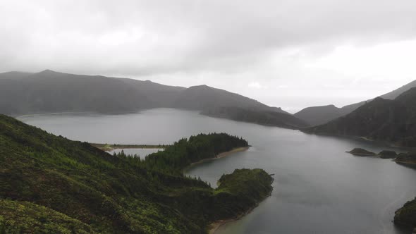 Eerie misty Landscape in Fire Lagoon (Lagoa do Fogo) in So Miguel Island, Azores, Portugal