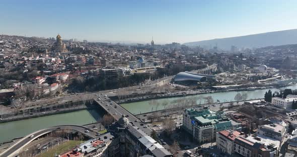 Rike Park and Baratashvili Bridge in the center of Tbilisi.beautiful cityscape over Kura river