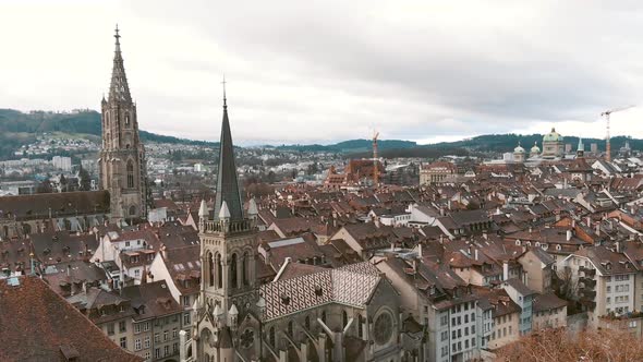 Fly-over towards Church of St. Peter and St. Paul, Bern, Switzerland