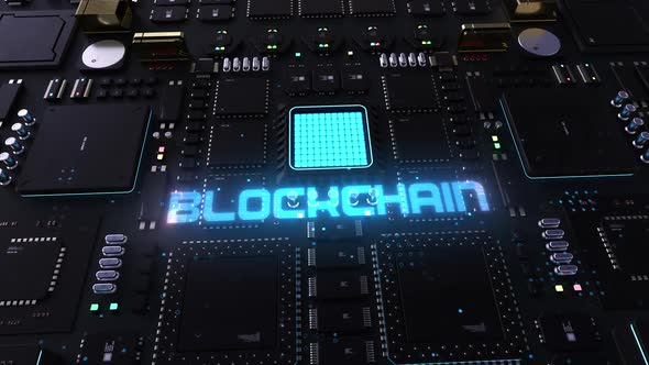 blockchain header on the background of a chip with many processes. 