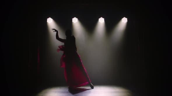 Silhouette a Young Girl Dancer in a Red Sari. Indian Folk Dance. Shot in a Dark Studio with Smoke