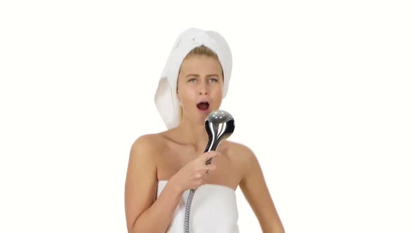 Young Woman Singing Under Shower, Bathroom