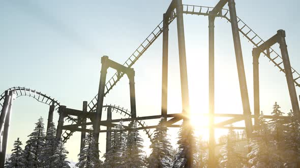 Old Roller Coaster at Sunset in Forest