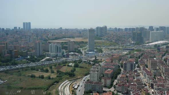 Panoramic View of City with Skyscrapers and Traffic