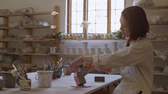 Young female potter working in her studio