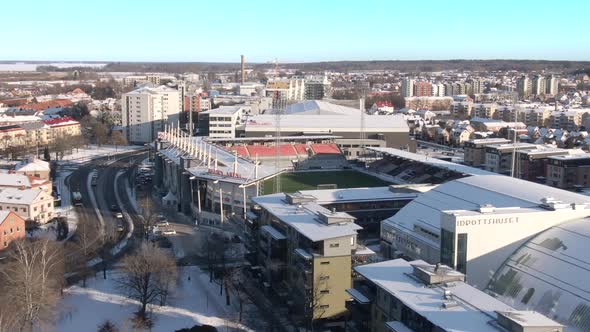 Aerial shot over Behrn Arena football stadium in Orebro city, Sweden