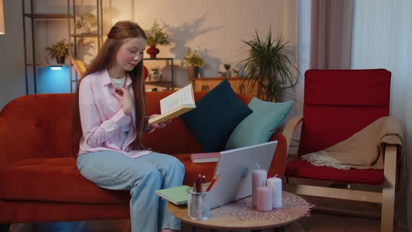 Child Girl Student Study at Home on Laptop Computer Making Conference Video Call Talking to Webcam alt