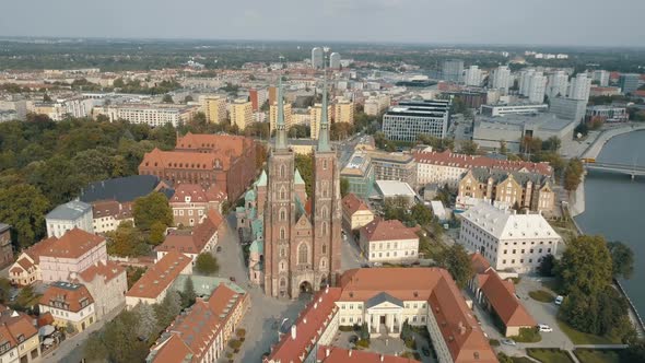 Aerial: Cathedral Island in Wroclaw, Poland. Market Square, Sky Tower, St. Elisabeth Church, City