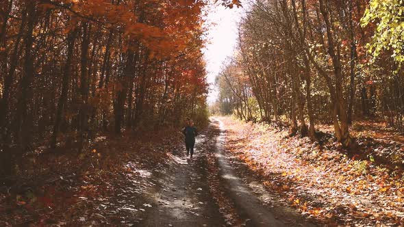 Active Young Female in Sportswear and Wireless Headphones Runs Along the Autumn Sunny Forest Trail