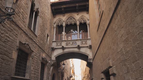 Bridge Between Buildings in Barri Gotic Quarter of Barcelona Spain