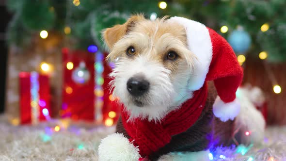 A dog in a red scarf and a cap lies under a Christmas tree with gifts