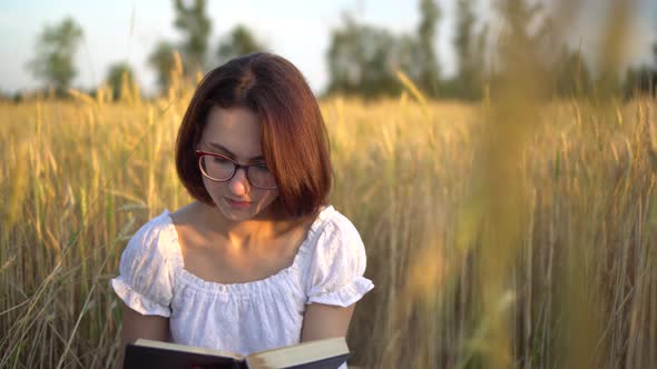 A Young Woman Is Reading a Book in a Yellow Field. A Girl Sits in a Dress in a Wheat Field with a