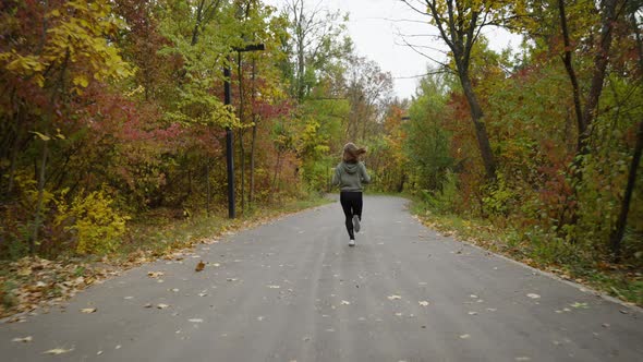 Slow motion female jogger running in park in autumn