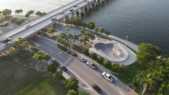 drone view which zooms into a skateboard park in Bradenton, Florida