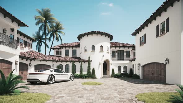 Luxury villa with a car. Sports car on the luxury house