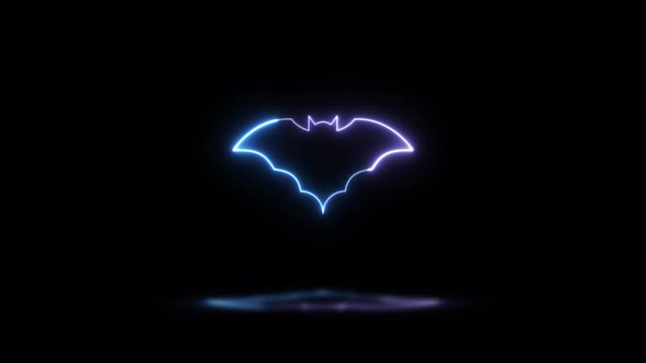 Neon glowing Bat with reflection on a dark background. Halloween holiday party