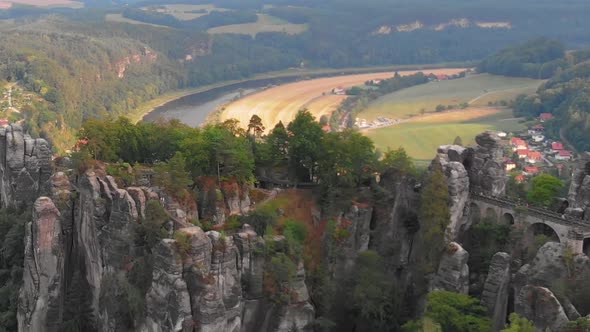 Aerial view of Saxon switzerland Bastei Bridge, Bad Schandau, Germany