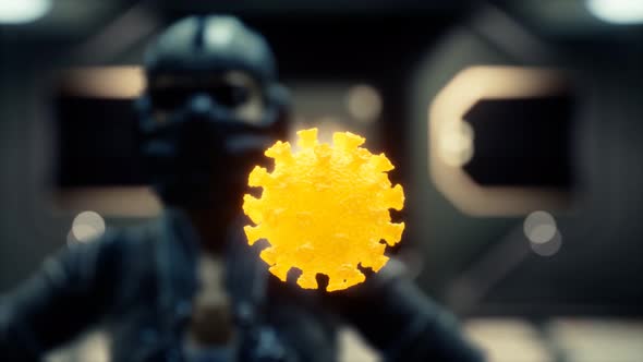 Woman in Protective Medical Mask on Her Face Looking at COVID19 Coronavirus alt