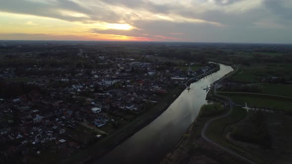 River Scheldt and Serskamp Village, Belgium on Sunset, Aerial View