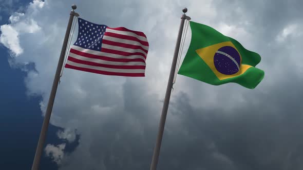 Waving Flags Of The United States And The Brazil 2K