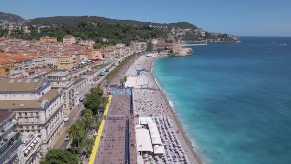 Drone view of English Walkway (Promenade des Anglais) and beach, Nice, France