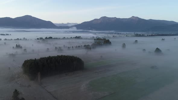 Aerial view of landscape with fog in the morning, Loisach Moor