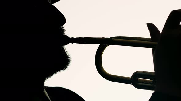 Man Plays Musical Trumpet in Studio on White Background Closeup Double Exposure Mockup