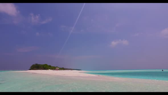 Aerial drone panorama of perfect coastline beach voyage by turquoise sea with white sand background 