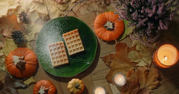 Tabletop Video of the Waffles is Being Sprinkled with Powdered Sugar in Slow Motion Decorated Autumn