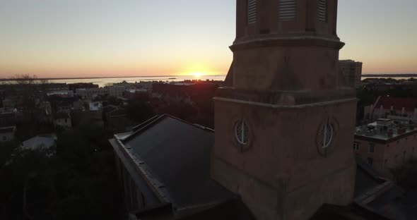 Aerial of downtown Charleston sunrise with Saint Philips Church