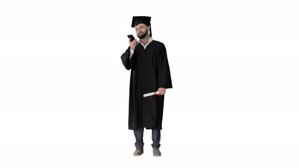 Mature Man Graduate Student Recording Voice Message on White Background