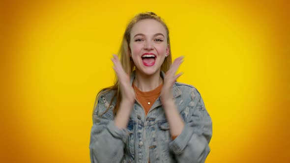 Teen Girl in Denim Jacket Shouting Raising Fists in Gesture I Did It Celebrating Success Winning