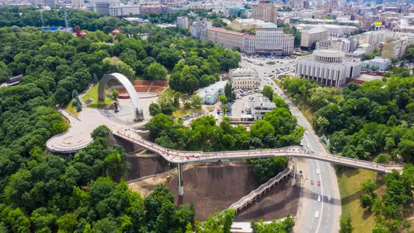 Aerial Fly Over Pedestrian Bridge in Kiev
