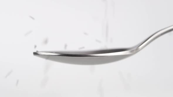 Poppy seeds fall into a spoon in slow motion on a white background. Macro