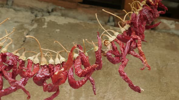 Drying of chili peppers by hanging them on string