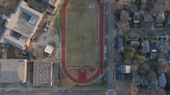 Aerial top down view over Durham football field and track in Noth Carolina, USA