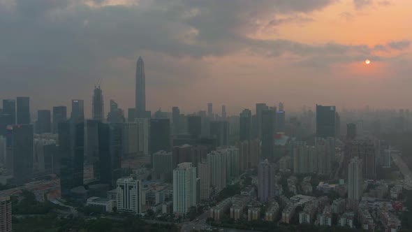Skyline of Shenzhen City at Sunset. Futian District. China. Aerial View