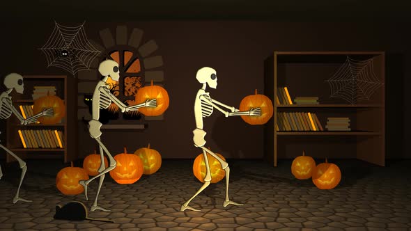 Group of human skeletons walking with pumpkins in a dark, creepy house.