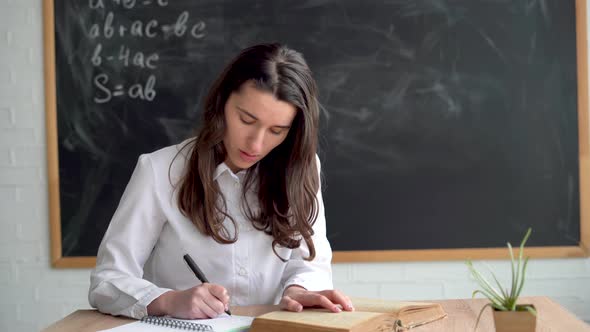 若い美しい先生は黒板の前に座ってノートを見る / Videohive, Stock footage, Education