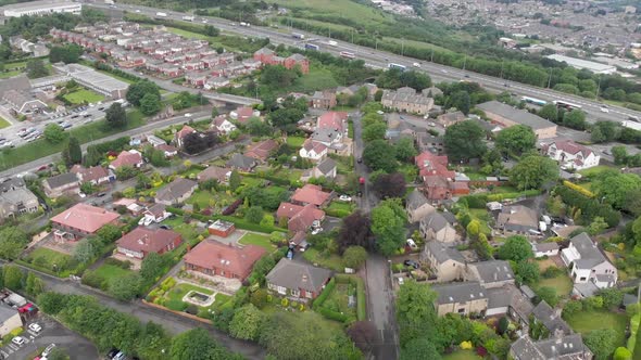 Aerial footage of the village in Calderdale, known as Ainley Top in West Yorkshire in England.