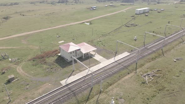 Samtskhe-Javakheti, Georgia - August 23 2021: Aerial view of Bedeni railway station