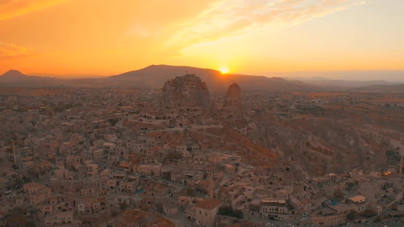 Aerial Drone View Landscape at Sunset with Uchisar Castle Near Goreme Capadoccia Turkey