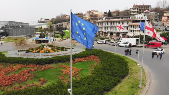 Es And Georgia Flags In Europe Square, Tbilisi
