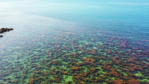 Aerial top down seascape of exotic tourist beach voyage by blue water with clean sand background of 